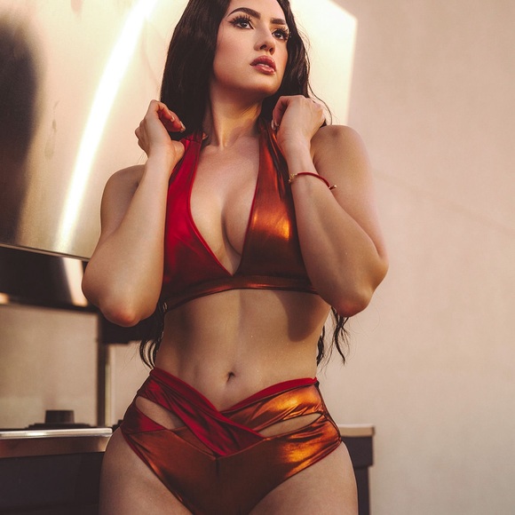 Fuego color block red and orange halter bikini top. NWT. Metallic. - Picture 9 of 14